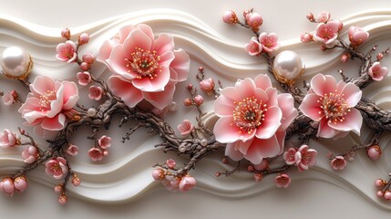 a bunch of pink flowers are on a branch with white swirls and pearls on the end of the branch.