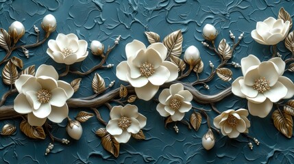 a painting of white flowers and leaves on a teal blue background with a gold leaf design on the left side of the painting.