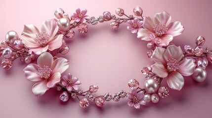 Fototapeta na wymiar a close up of a bunch of flowers on a pink background with pearls and pearls in the middle of the frame.