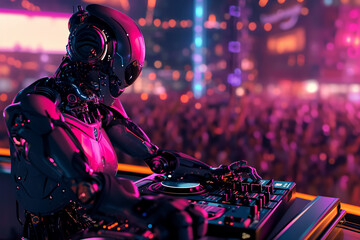 modern robot in the club, as a dj, club in the background. AI Generated