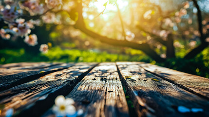 The empty wooden table with blur background of spring.