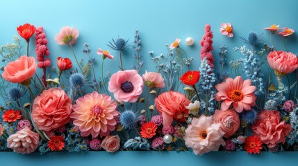 a bunch of flowers that are sitting on a blue surface with a light blue back ground and a light blue back ground.