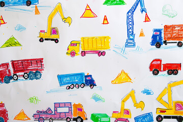 Busy construction site with trucks and cranes 4 year old's simple scribble colorful juvenile crayon...