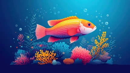 Fotobehang an underwater scene with a goldfish and corals on a dark blue background with sunlight shining through the water. © Shanti