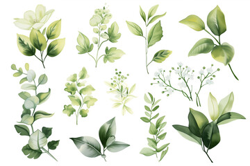 luxury green leaves and flowers elements in watercolor and ink style