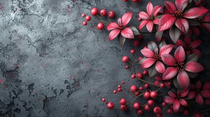 a bunch of red flowers sitting on top of a gray surface with red berries on the bottom of the flowers.