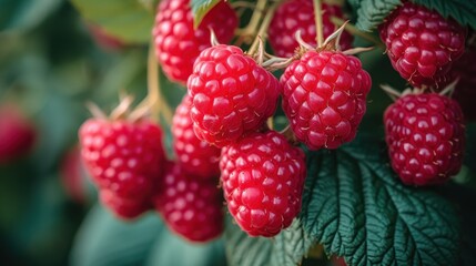 a bunch of red raspberries hanging from a branch with green leaves on the other side of the branch.