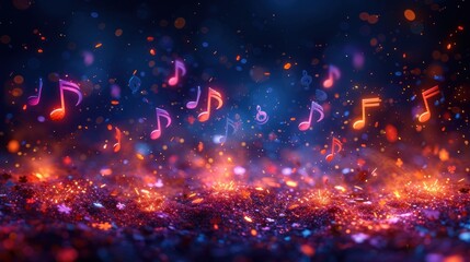 a group of musical notes floating on top of a purple and red floor covered in confetti and glitter. - obrazy, fototapety, plakaty