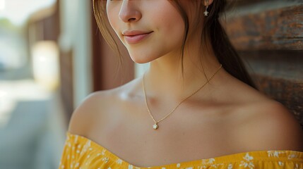 beauty, people and jewelry concept - beautiful young woman wearing shiny diamond pendant - obrazy, fototapety, plakaty