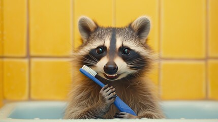 portrait of a raccoon with a toothbrush, smiling. on a plain background
