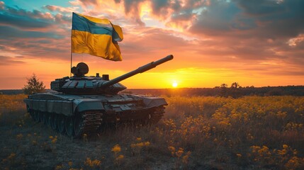The Ukrainian flag on a battle tank in the field after the end of the battle. green camouflage.