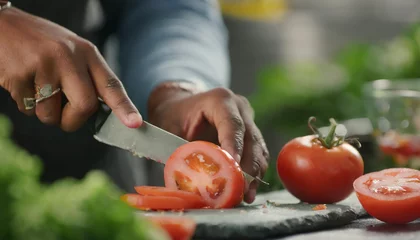 Fotobehang Generated image of someone cutting a tomato © Alena Shelkovnikova