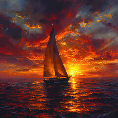 Majestic Sailboat Journey at Fiery Sunset on Open Sea
