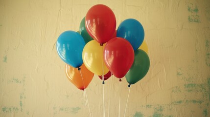 a bunch of balloons floating in the air on top of a white vase with red, yellow, blue, and green balloons.