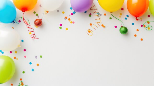 a group of balloons and confetti on a white background with a happy birthday message written in the middle.