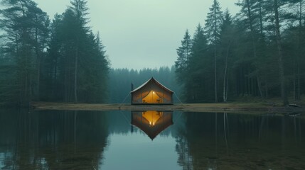 a tent sitting on top of a lake in the middle of a forest with a reflection of it in the water.