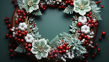 Fototapeta na wymiar Winter celebration gift of nature, holly wreath, snowflake ornament generated by AI