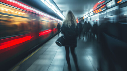 Obraz premium Blonde Frau steht am Bahnhof am Bahnsteig und wartet auf ihren Zug es ist viel los