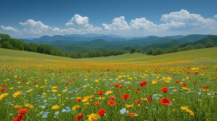 a field of wildflowers in front of a mountain range with a blue sky and clouds in the background.