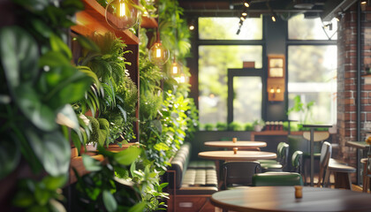 Beautiful vertical garden restaurant interior view with huge wall windows, green plants wall and eco-friendly furniture. Modern people's first steps in startup business concept image. - obrazy, fototapety, plakaty