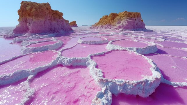 a large body of water that is covered in pink and white paint and surrounded by mountains and a blue sky.