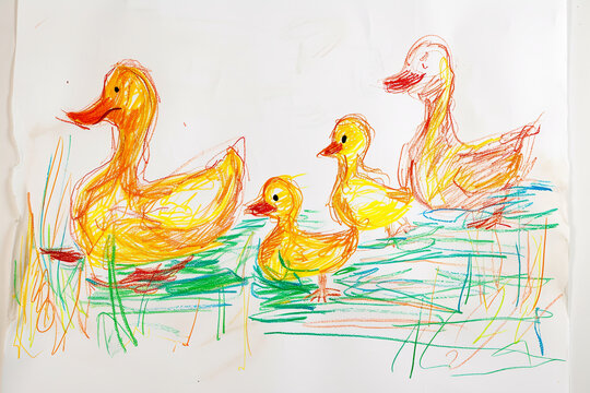 Family of ducks swimming in a pond 4 year old's simple scribble colorful juvenile crayon outline drawing