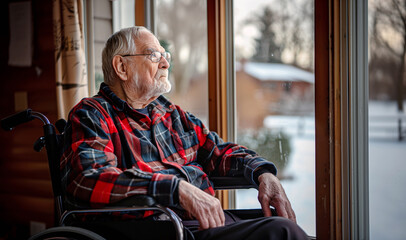 Older retired man sitting in Wheelchair and sadly looking out the window. Health care and medical old people support concept image.