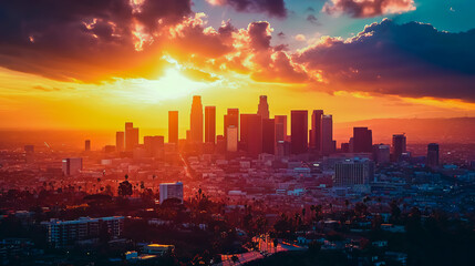 The skyline of Los Angeles during sunrise.