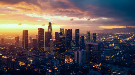 Fototapeta na wymiar The skyline of Los Angeles during sunrise.