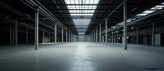 Empty warehouse with sunlight coming in through the glass roof