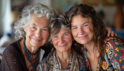 Portrait of three generations beautiful women - mother, daughter, and grandmother cheerfully smiling at camera and hugging each other. Family kind relations, paris love and children's loyalty concept.