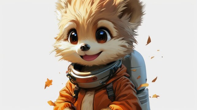 a painting of a small dog in a space suit with a backpack on it's back and a smile on its face.