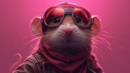 a rat with goggles and a scarf around it's neck, wearing a red scarf and a pair of sunglasses.