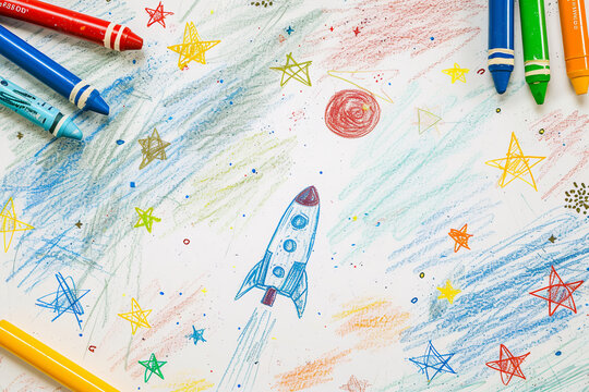 Spaceship flying among the stars 4 year old's simple scribble colorful juvenile crayon outline drawing