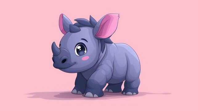 a cartoon rhino standing in front of a pink background with a pink spot in the middle of the rhino's ear.