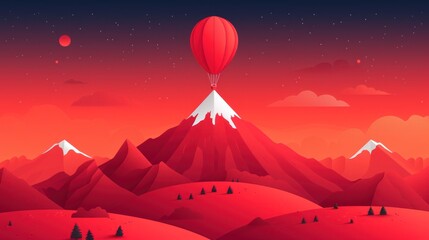 an illustration of a hot air balloon flying over a mountain range with a red sky and mountains in the background.