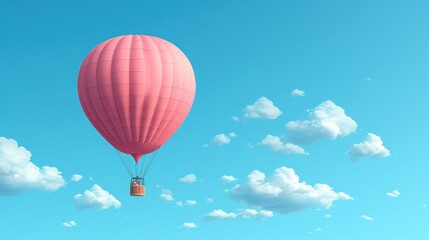 a pink hot air balloon flying through a blue sky with fluffy white clouds in the foreground and a red container in the foreground.