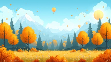 a painting of a landscape with trees, mountains, and a hot air balloon flying in the sky above it.