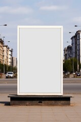 Outdoor mockup of a blank information poster on patterned paving stone; an empty vertical street...