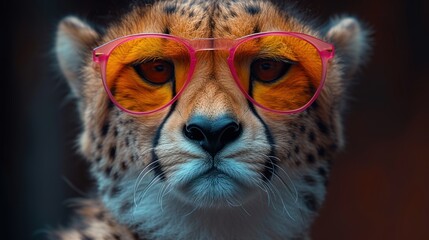 a close up of a cheetah wearing a pair of pink glasses with a leopard's face in the background.