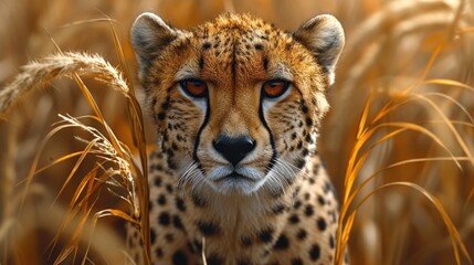 a close up of a cheetah's face in the middle of a field of tall dry grass.