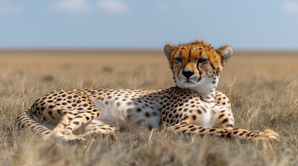 a cheetah laying in the middle of a field of tall grass with a blue sky in the background.