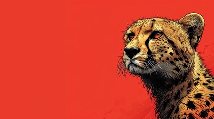 a close up of a cheetah's face on a red background with a red wall in the background.