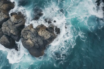 Aerial view of sea and rocks, ocean blue waves crashing on shore,Aerial top view of blue ocean...