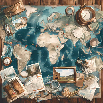 Vintage-Inspired Travel Planning Top-Down View with Map and Accessories