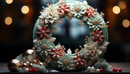 Fototapeta na wymiar Winter celebration gift tree, Christmas decoration design, wreath illustration generated by AI