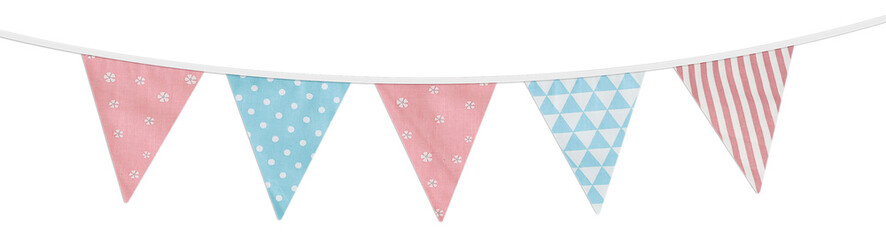 Cute pastel bunting garland. Party flags with polka dot patterns, flowers, stripes. Birthday...