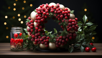 Fresh raspberry dessert on wooden table, Christmas tree in background generated by AI
