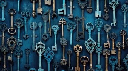 Background with antique old keys in Blue color
