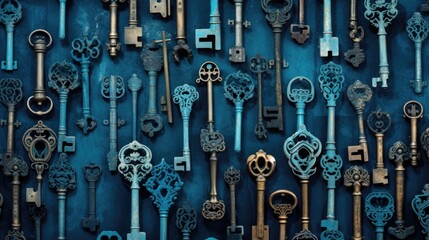 Obraz premium Background with antique old keys in Blue color